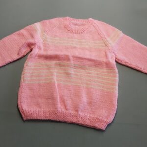 Hand-knitted girls jumper with cream stripes size 8