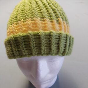 Hand knitted ladies beanie, green and yellow, size S