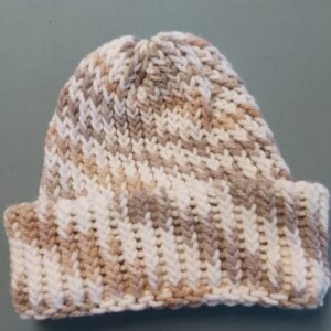 Beige and cream hand knitted beanie, acrylic, Size S