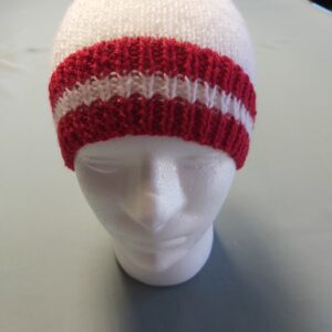 Red and white hand knitted beanie, acrylic, Size S