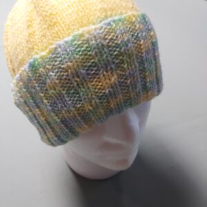 Ladies hand-knitted beanie, green and yellow, small