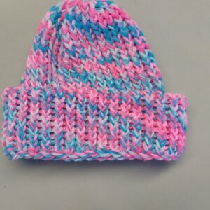 Ladies hand-knitted beanie, pink and blue acrylic, size S